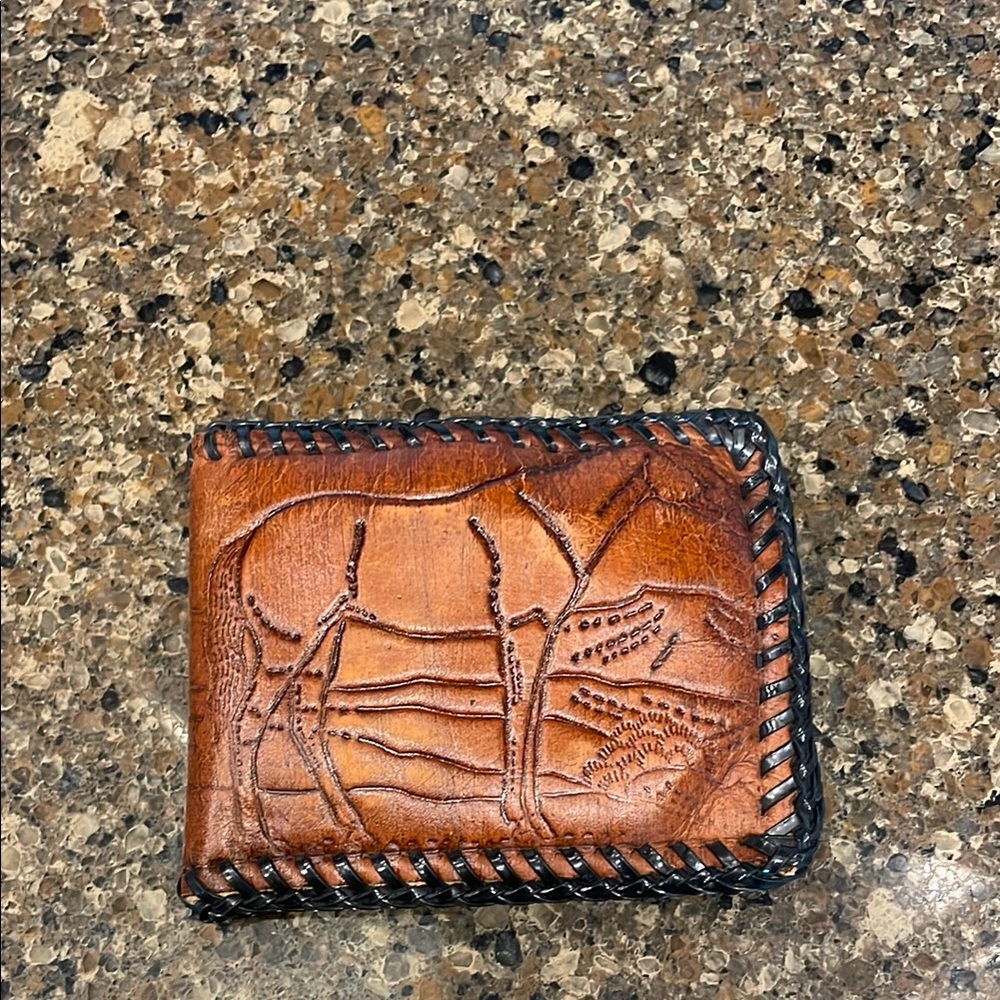 Vintage Handcrafted Brown Tooled Horse Cabin Western Stitched Leather Wallet